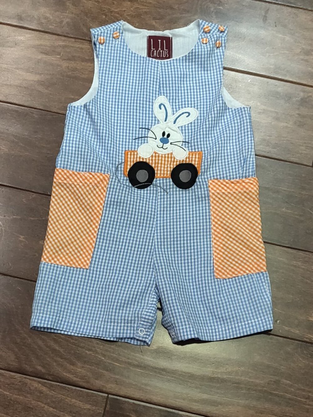Lil Cactus Blue & White Gingham Bunny Shortalls Boys 12-18 mos.
